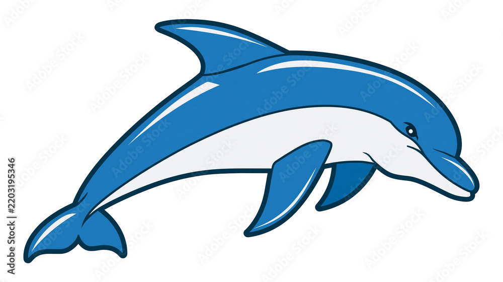 Fototapeta premium Isolated stylized blue and white dolphin swimming left marine animal graphic illustration