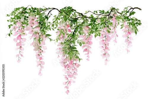 Watercolor hanging wisteria flowers and green leaves on a branch, isolated on white background