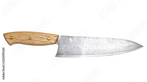 Isolated professional kitchen chef knife with a natural wooden handle and distinctive patterned steel blade