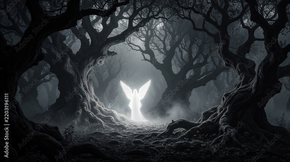 Obraz premium Mystical white angel with large wings floats in dark primeval forest. Glowing holy spirit appears amidst ancient trees, thick fog. Ethereal celestial brings light to gloomy woods during night.