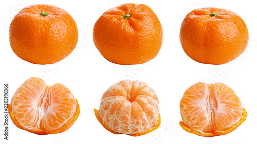 Isolated group of fresh whole and peeled ripe mandarins showing juicy segments