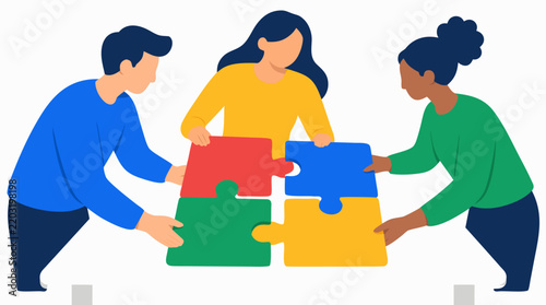 Three collaborative colleagues joining red, blue, green, and yellow interlocking jigsaw puzzle pieces together on table vector illustration showing successful teamwork on white backdrop