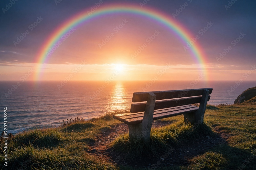 Obraz premium Empty wooden bench sits on grassy hill overlooking ocean at sunset. Large rainbow arcs across colorful sky above calm sea. Peaceful landscape view with warm sunlight, vibrant hues. Concept of