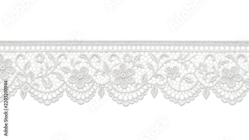 A horizontal white embroidered lace trim with scalloped floral edging, on a transparent background for borders, invitations, textiles, and decorative layouts.