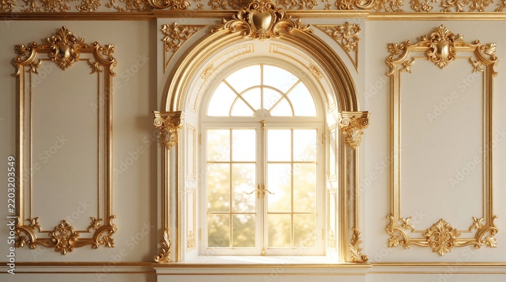 Obraz premium Luxury palace interior with golden architectural arch, classic window frame. Elegant 3D gold border decorates white walls. Bright soft sunlight shines through arched glass doors. Premium royal room