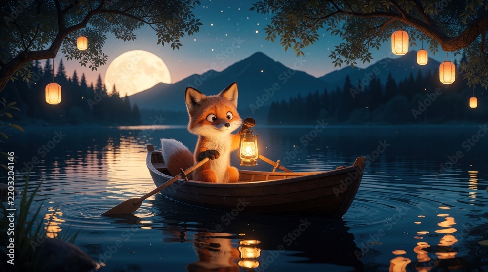Obraz premium Cute orange fox sits in wooden boat on calm lake at night. Small animal holds lit lantern rowing through dark water. Large full moon shines over mountain forest background with hanging paper lanterns
