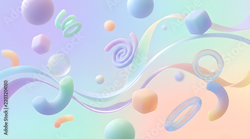 Colorful abstract 3D geometric shapes and ribbons in soft pastel colors