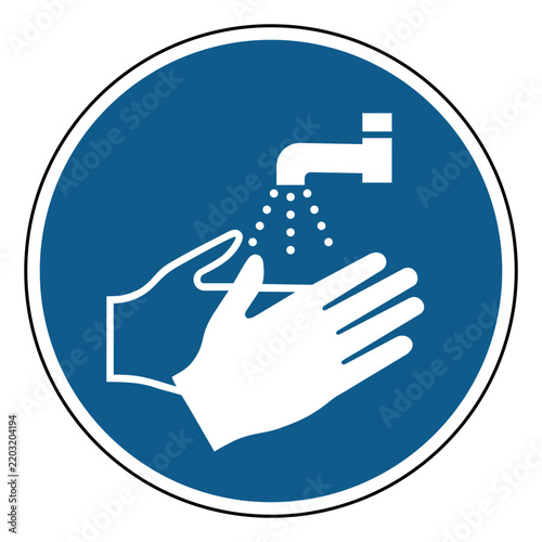 ISO 7010 M011 Wash Your Hands Mandatory Action Sign – Blue Circular Handwashing Safety Symbol for Hygiene, Healthcare, Food Industry and Workplace Environments