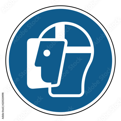 ISO 7010 M013 Wear Face Shield Mandatory Action Sign – Blue Circular Safety Symbol for Facial Protection in Industrial, Construction, Laboratory and Workplace Environments