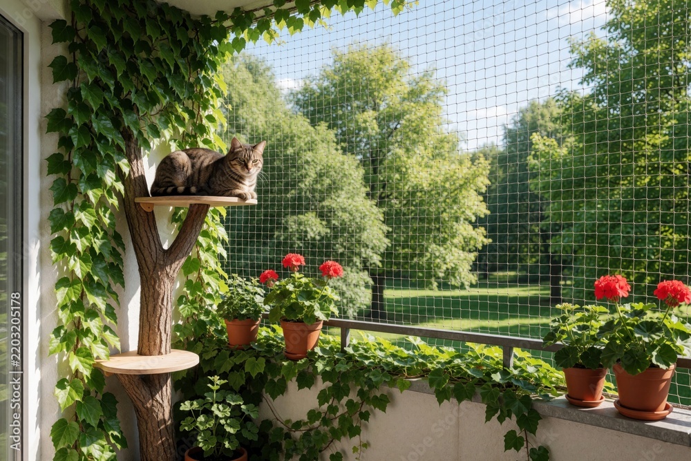 Fototapeta premium Tabby cat sits on wooden shelf attached to tree on sunny balcony. Domestic pet looks out through safety net at green park. Red geraniums in pots, green ivy decorate cozy outdoor terrace during summer