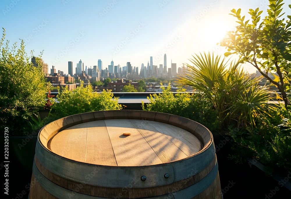 Fototapeta premium Urban sustainability and green city living, wooden barrel table on a rooftop garden with skyline view at sunset for lifestyle and environmental concepts