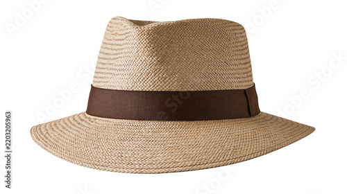 Isolated classic woven straw fedora hat with a brown band, fashionable summer accessory