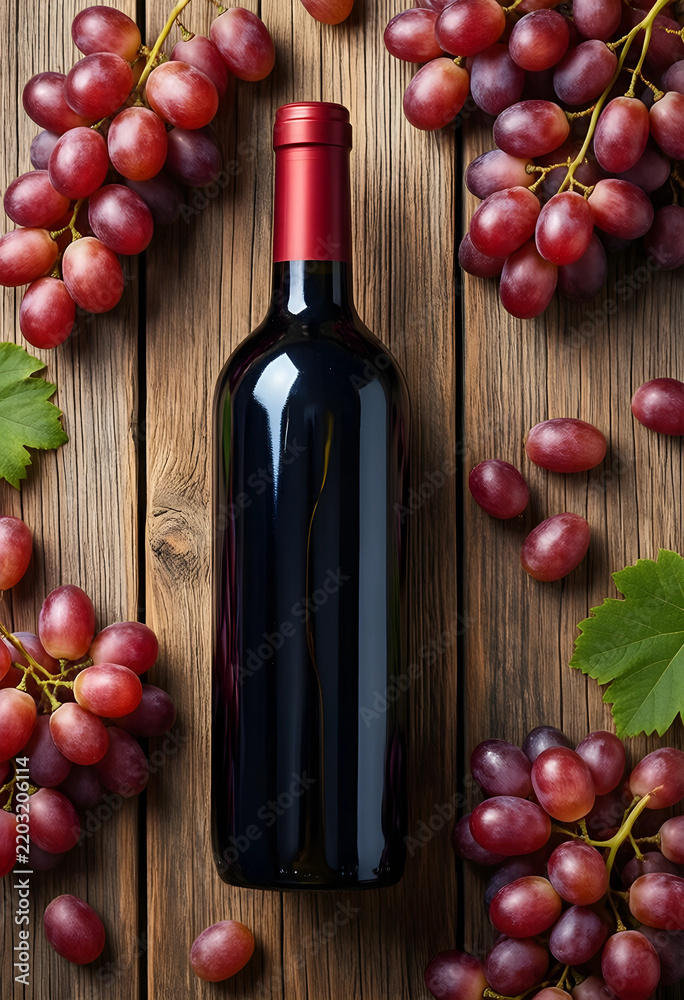 Obraz premium Winemaking and viticulture industry, red wine bottle with fresh grapes on rustic wooden table for luxury dining and gourmet food marketing campaign
