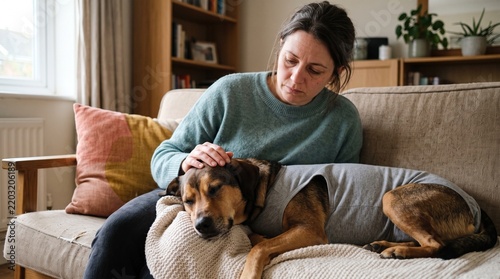 Dog wearing recovery suit at home, Exhausted owner providing post procedure care, Canine aftercare and emotional strain, Quiet recovery lifestyle scene, Minimal pet caregiving photograph