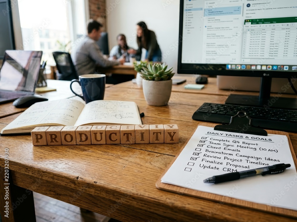 Obraz premium Wooden alphabet blocks spelling productivity on an office desk