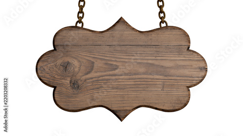 Isolated decorative vintage wooden blank ornate hanging sign suspended by old metal chains