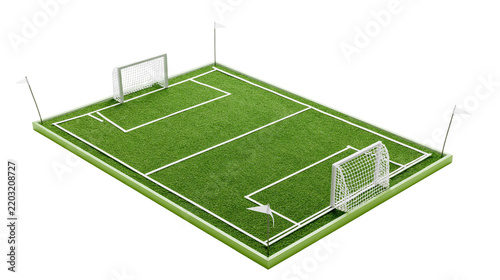 Isolated detailed miniature soccer field with goalposts, white lines, and corner flags.