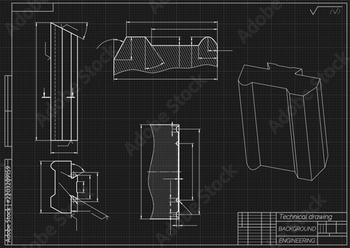 Mechanical engineering drawing of cutting tool on black background. Prismatic profile cutter construction with dimensions and sections. Technical machining blueprint. Vector illustration.
