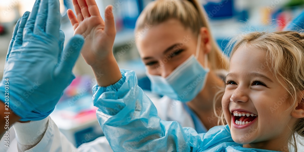 Fototapeta premium A joyful young girl in a blue medical gown gives a high-five to a healthcare worker wearing gloves and a mask, capturing a moment of connection and positivity in a clinical setting.