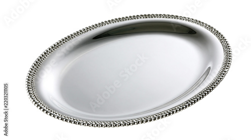 Isolated shiny silver decorative oval serving tray with elegant beaded border design