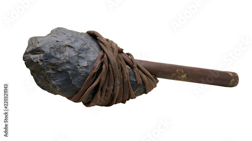 Obraz na plátně Isolated primitive stone club, a historical weapon with rustic wooden handle and