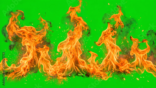 Intense orange flames flickering and dancing against a bright green screen background for visual effects compositing