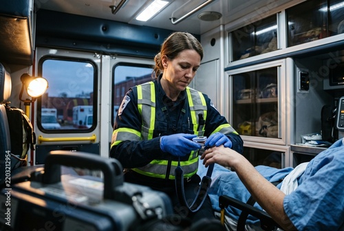 Female paramedic checking a patient's vital signs with a pulse oximeter in an ambulance
