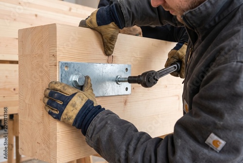 Construction worker using a socket wrench to fasten a metal plate connector onto an engineered glulam timber beam in a workshop