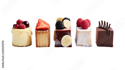 Isolated elegant selection of individual petit four cakes with fresh fruit and rich chocolate
