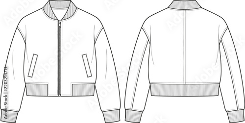 Cropped Bomber Jacket With Zipper Fashion Flat Sketch Both