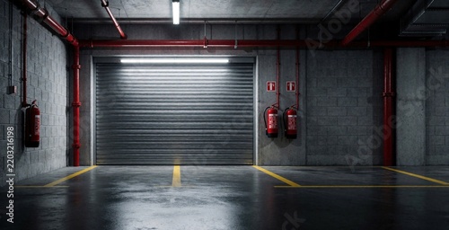 Empty modern underground parking garage with closed metal shutter door. Industrial basement interior features grey concrete walls, red pipes, fire extinguishers, safety equipment. Dimly lit parking