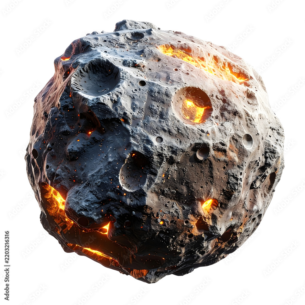 Fototapeta premium Asteroid planet rock floating in space with glowing molten lava craters and rough textured surface for science education projects