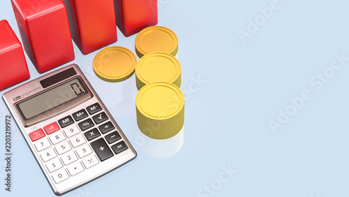 Financial Growth Chart with Calculator and Gold Coins on Blue Background 3d render.