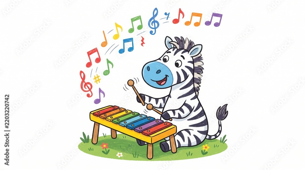 Fototapeta premium Cute Cartoon Zebra Playing Colorful Xylophone with Musical Notes for Children