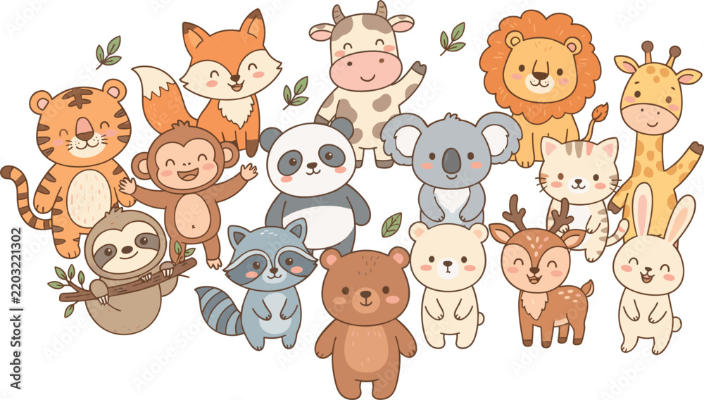 Obraz premium Cute baby animals vector cartoon character collection set with lion tiger koala bear panda monkey giraffe and sloth