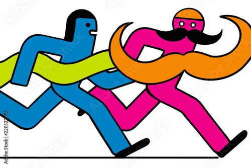 Two running figures with mustache