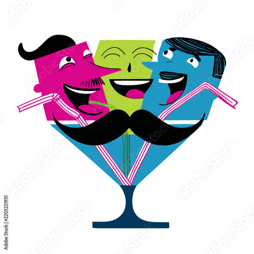 Three colourful laughing mens faces in cocktail glass