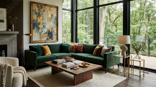 Modern living room with green velvet sofa and large windows overlooking forest
