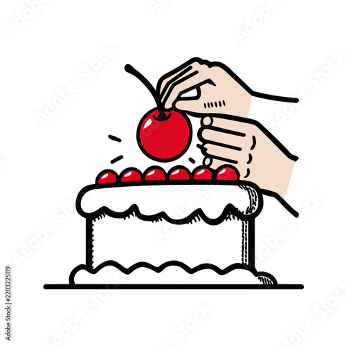 Hands decorating cake with cherry