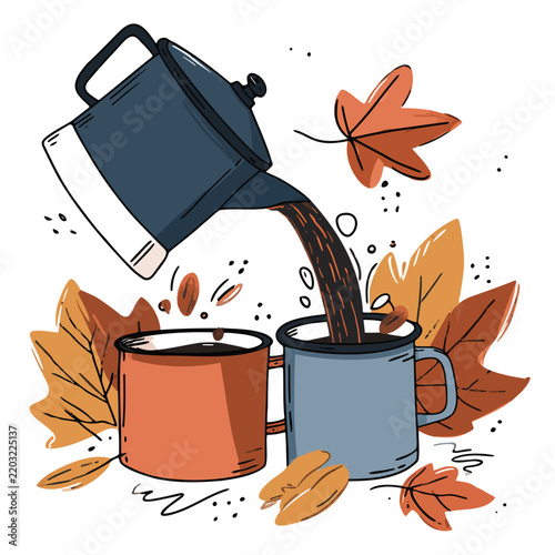 Coffee pouring into two mugs with autumn leaves