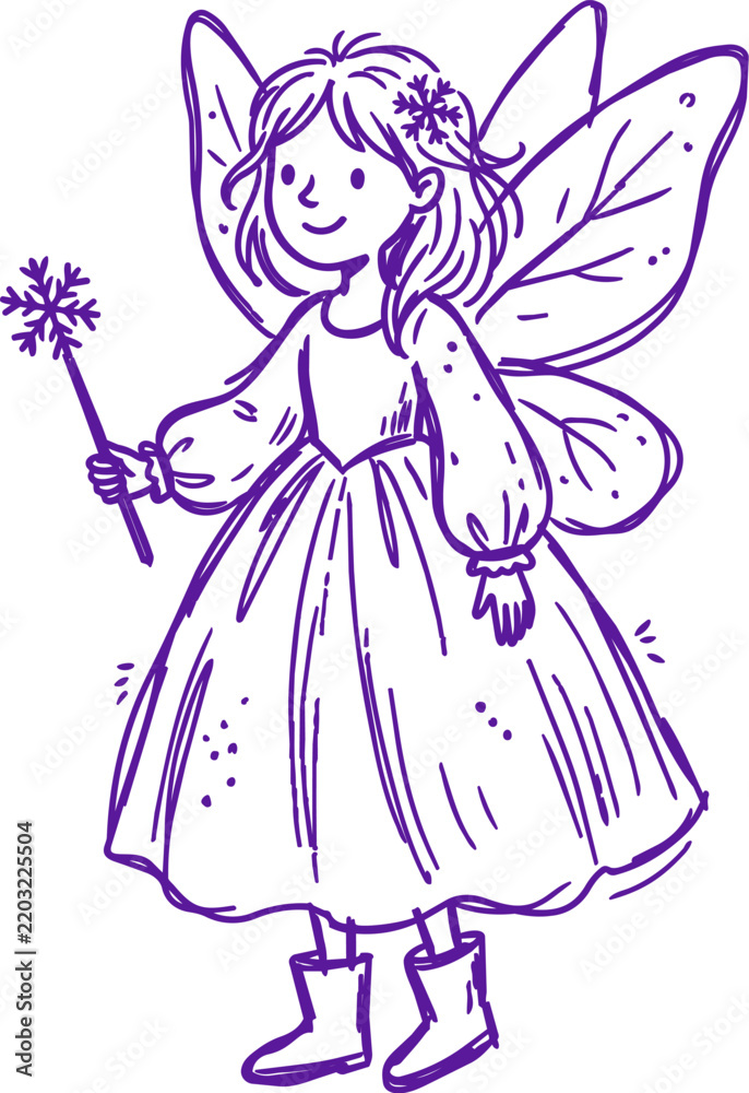 Obraz premium Naive line art fairy holding a snowflake wand