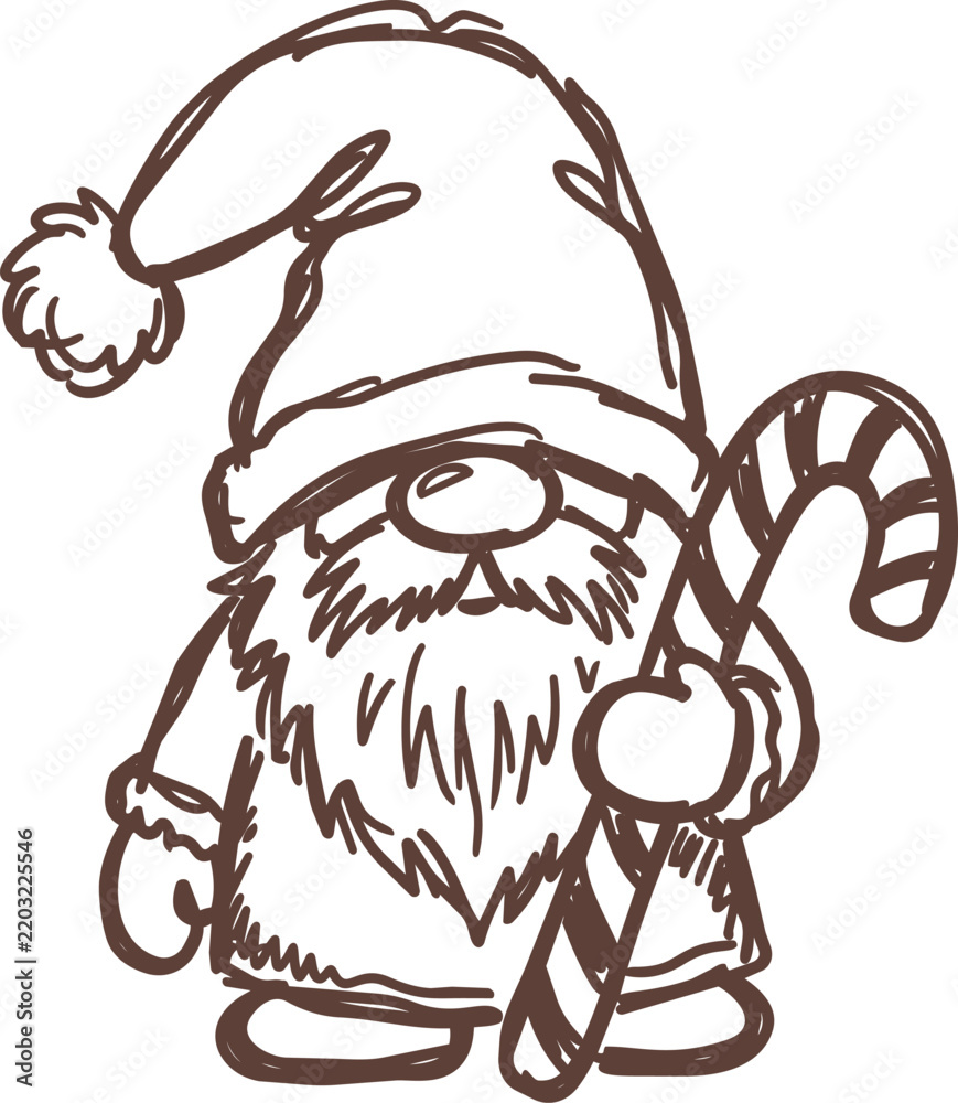 Obraz premium Christmas gnome holding a candy cane in naive illustration style