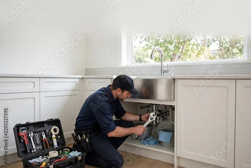 Plumber fixing pipes under a kitchen sink with wrench and toolbox