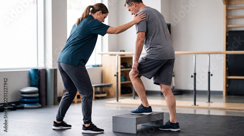 Physical therapist assisting male patient with exercise step in clinic