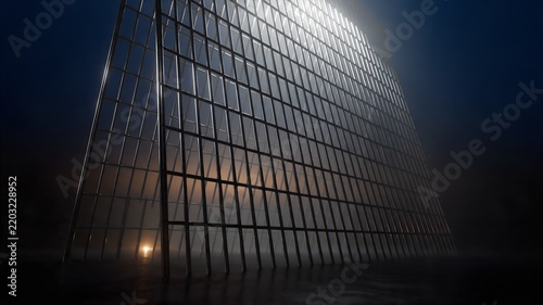 Abstract architectural structure featuring a large metallic grid frame illuminated by a bright light source in a dark, foggy, and mysterious environment