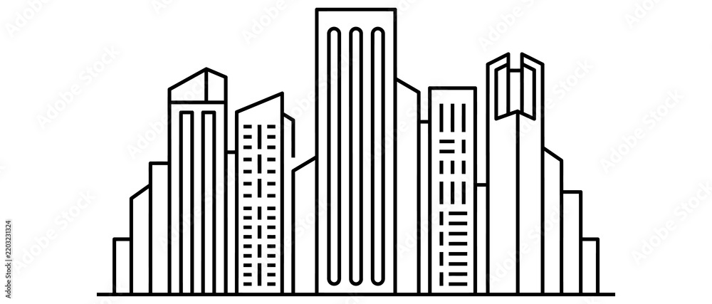 Obraz premium A highly detailed linear artistic illustration depicts a contemporary city skyline featuring numerous tall buildings with a clean minimalist design style
