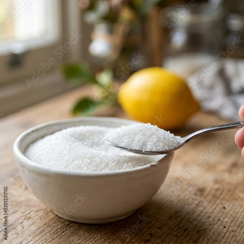 Close up of a spoon scooping white granulated sugar from a bowl with a lemon in the background.