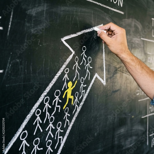 Chalk drawing of a team moving forward on an upward trending arrow graph.