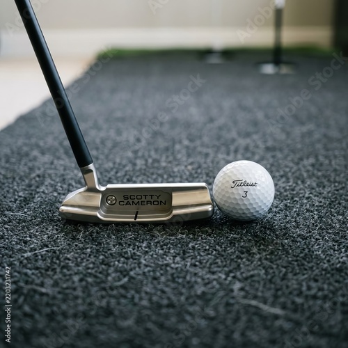 Close-up of a Golf Putter and Ball on a Putting Green.