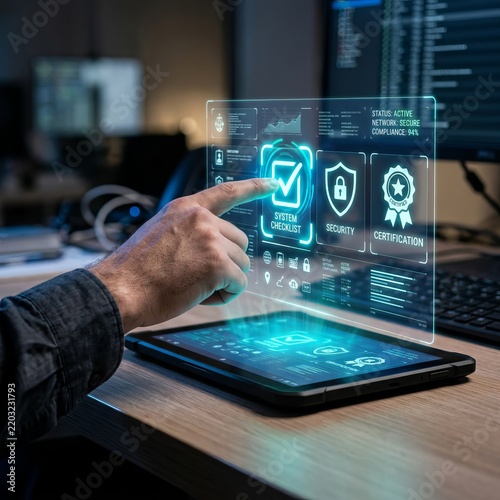 Cybersecurity Expert Interacting with Futuristic Security Interface on Tablet.